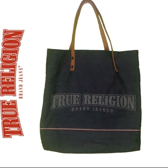 True Religion Denim Jean Tote Bag Leather Strapped - Picture 1 of 8